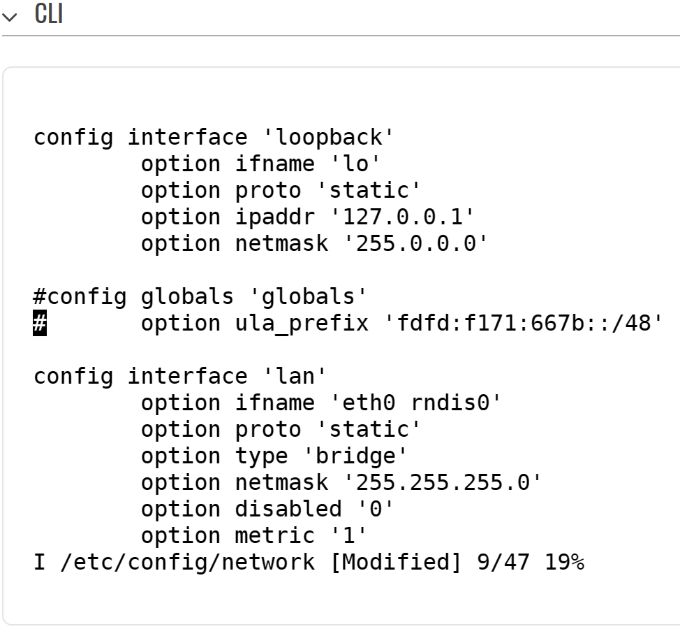 vi /etc/config/network config globals 'globals' option ula_prefix 'fdfd:f171:667b::/48'