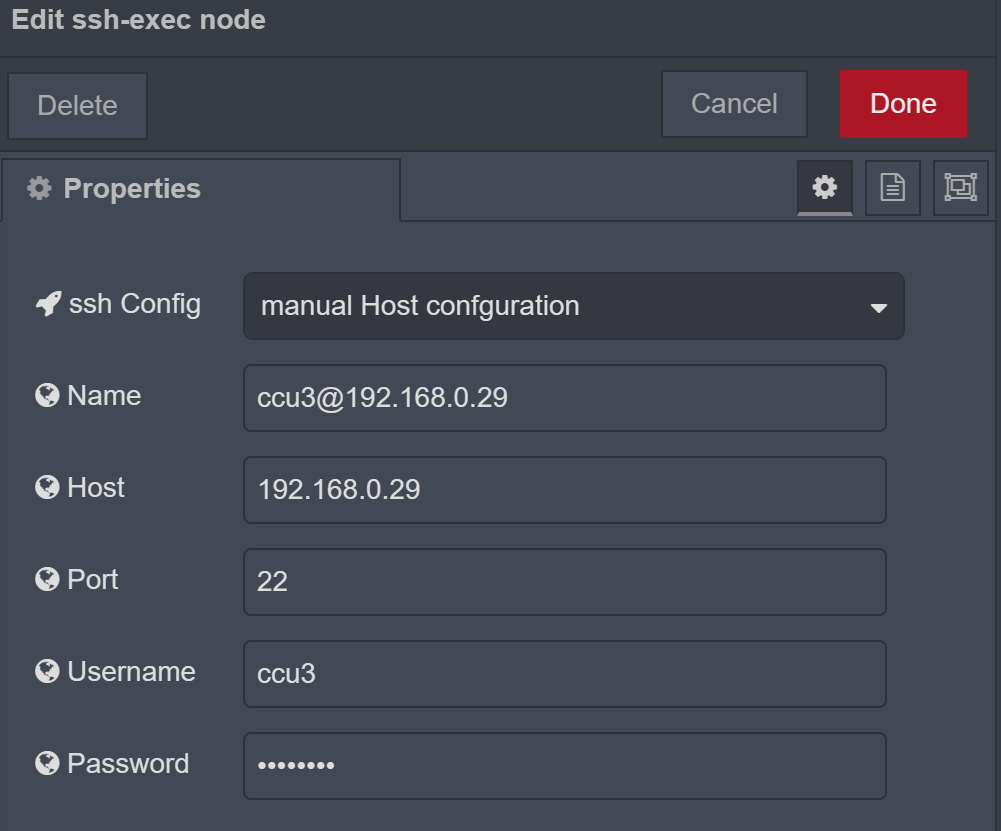 Node-RED edit ssh-exec node